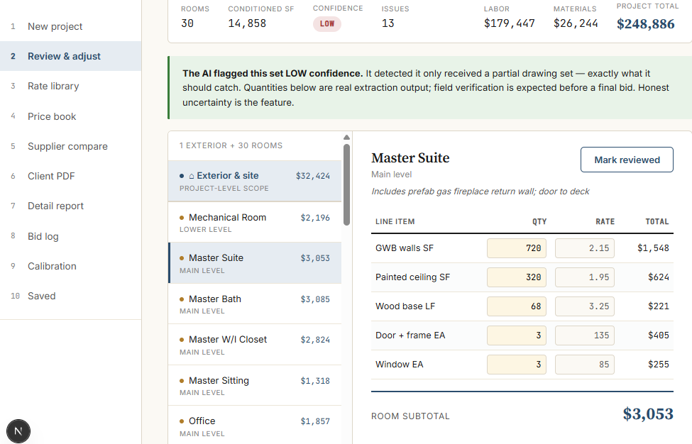 Blackfrog construction takeoff review interface